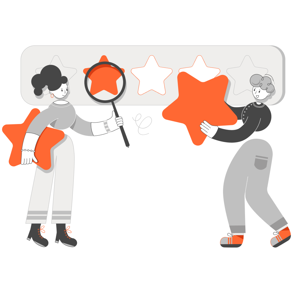 Illustration of people adding review stars to a review system